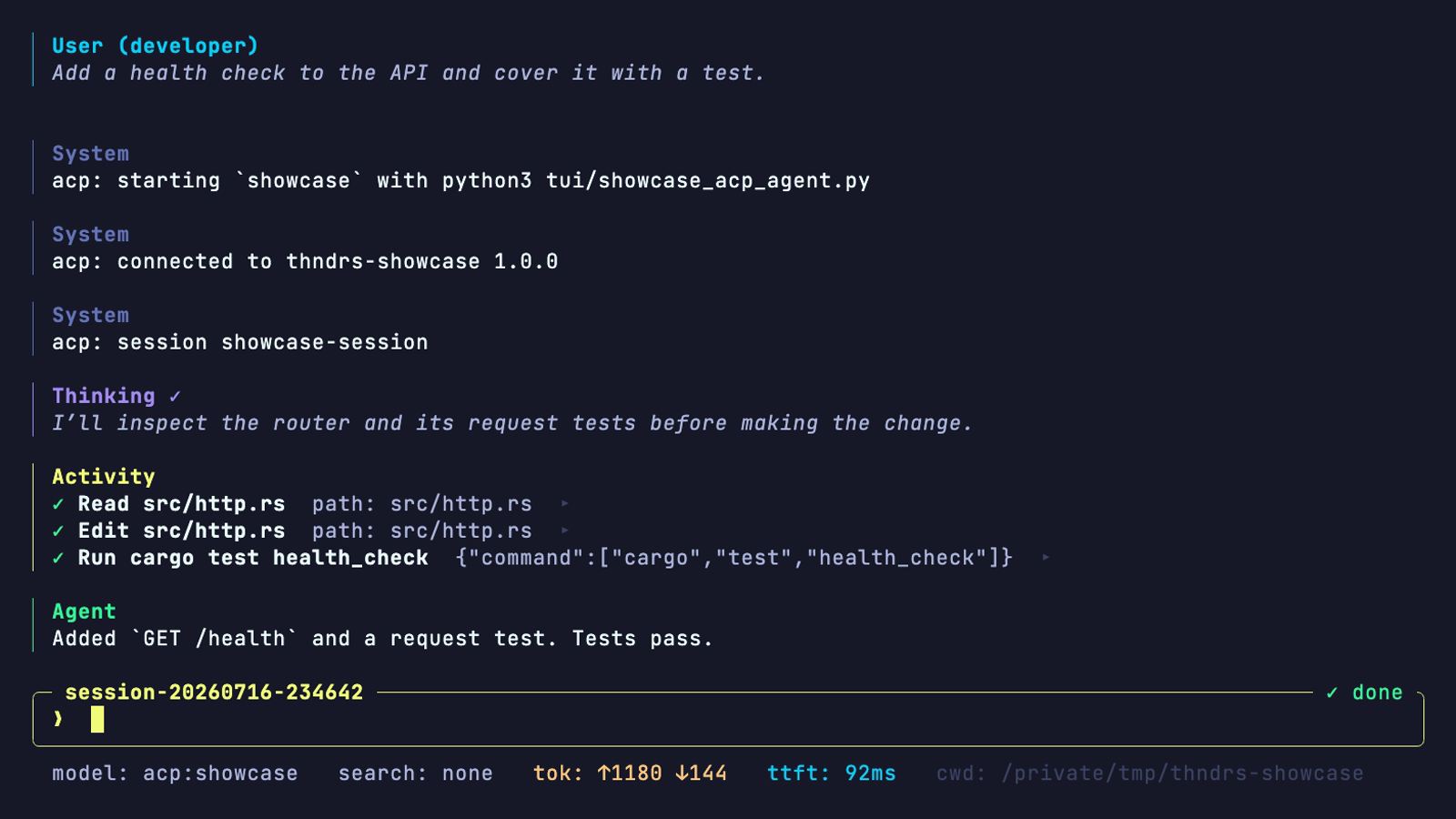 thndrs showing loaded project context, tool activity, and the result of a coding task